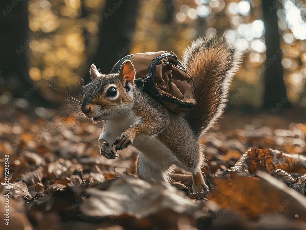 Obraz premium Adventurous squirrel wearing a tiny backpack in the forest