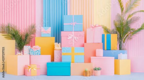 Pastel Presents: Stacked gift boxes, platforms, and plants in a soft, colorful celebration setup.