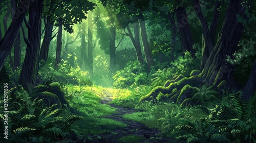 Sunlit path in a lush, green forest.