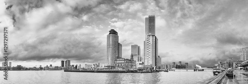 Obraz na płótnie City Landscape, panorama, black and white banner - view on Tower blocks in the Kop van Zuid neighbourhood of Rotterdam, The Netherlands w salonie