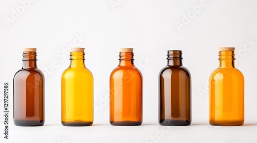 Colorful amber glass bottles with corks isolated on white background. Generative AI