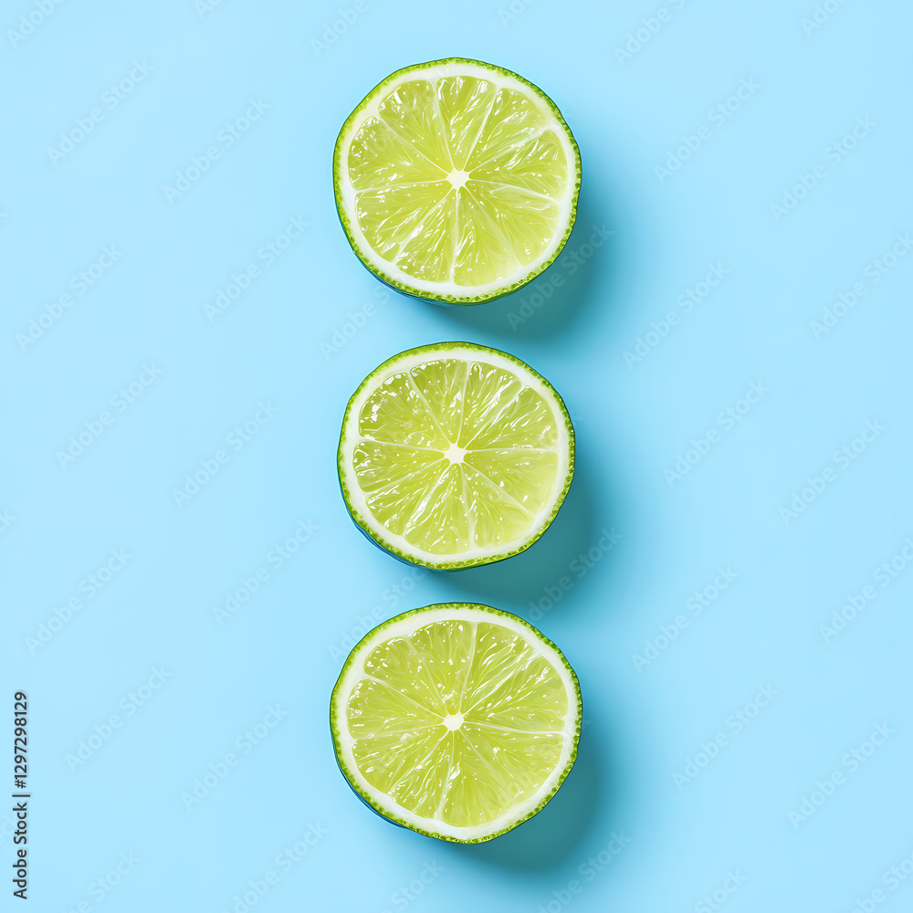 fresh lime slices floating in the air on a pastel blue background