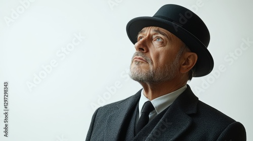 Middle-aged man in modern outfit with bowler hat against a white background
