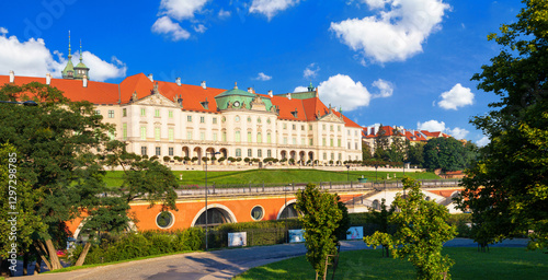 Cityscape - view of the Royal Castle from the Royal Gardens in the Old Town of Warsaw, Poland