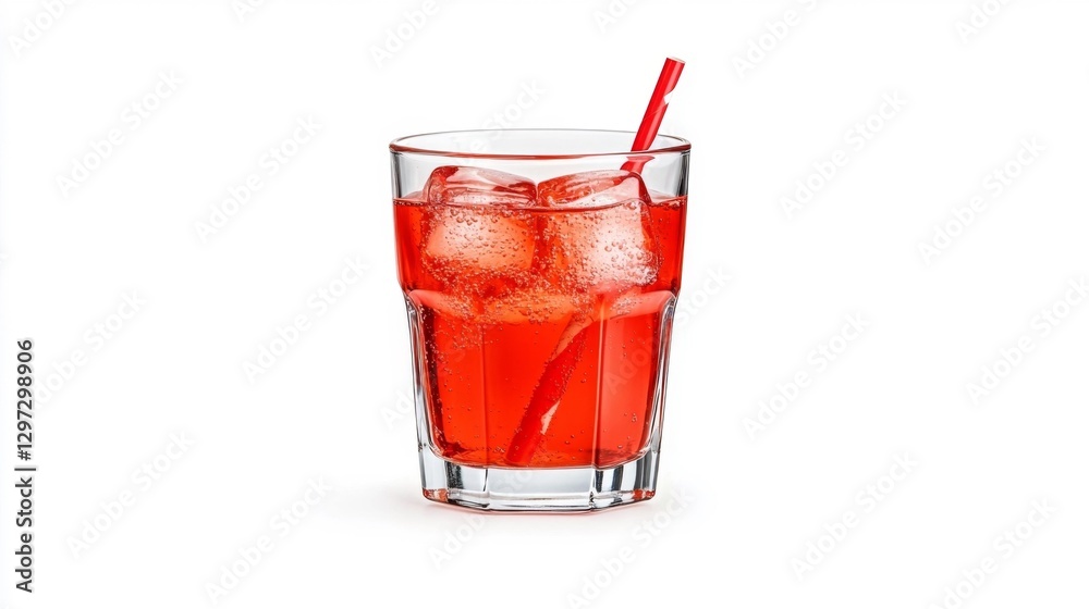 A glass of red soda with ice cubes and a red straw isolated on white background. Generative AI A glass of red soda with ice cubes and a red straw isolated on white background. Generative AI
