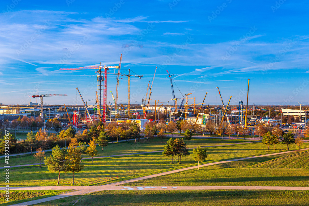 Autumn cityscape - view of the Munich district of Messestadt Riem with Riemer Park, Munich, Bavaria, Germany