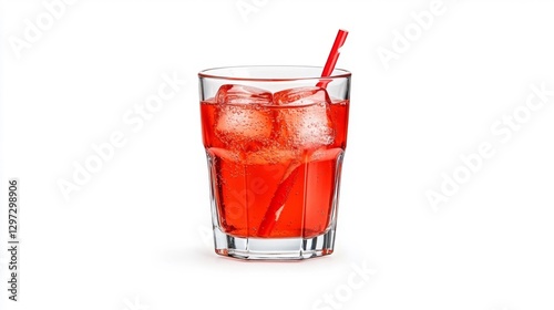 A glass of red soda with ice cubes and a red straw isolated on white background. Generative AI photo