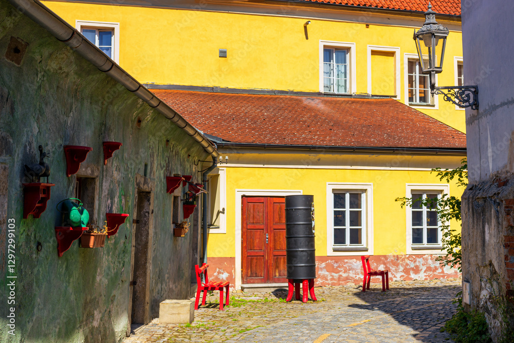 Summer cityscape - view of the lane in the Latran district of the historical center of Cesky Krumlov, Czech Republic