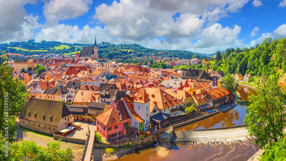 Summer cityscape, panorama, banner - top view of the Old Town of Cesky Krumlov and the Vltava river, Czech Republic
