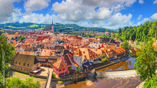 Obraz na płótnie Summer cityscape, panorama, banner - top view of the Old Town of Cesky Krumlov and the Vltava river, Czech Republic w salonie