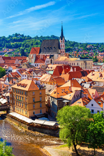 Summer cityscape - top view of the historic centre of Cesky Krumlov, Czech Republic