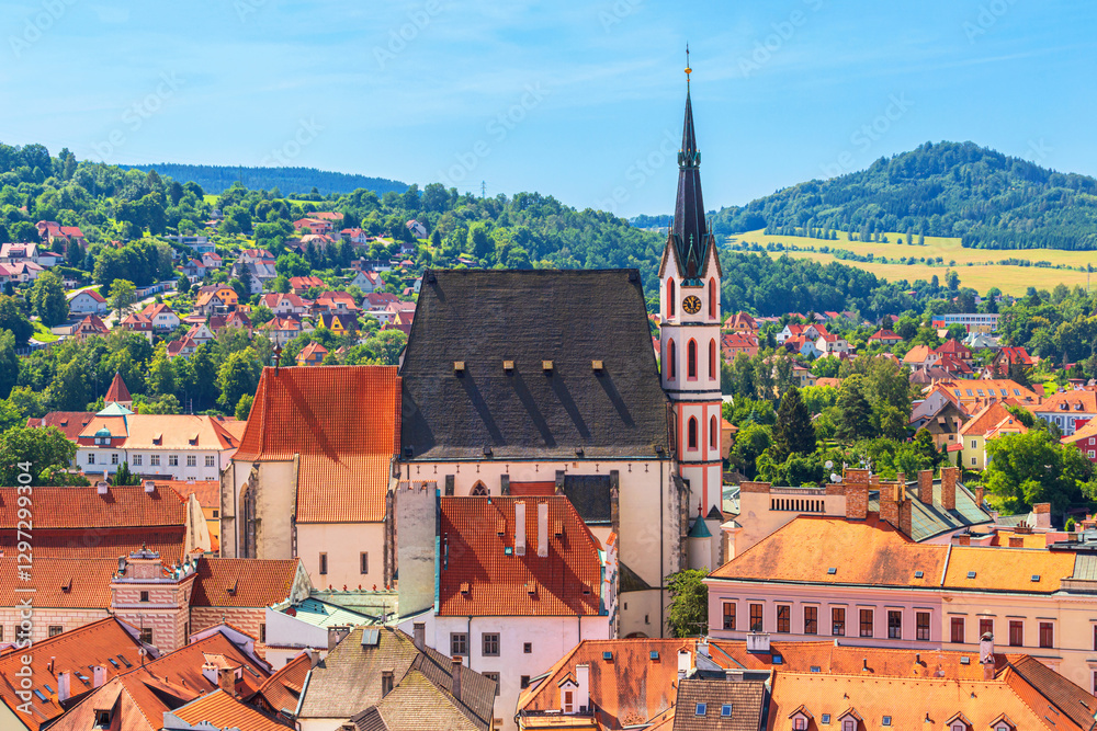 Summer cityscape - top view of the historic centre of Cesky Krumlov with St. Vitus Church, Czech Republic