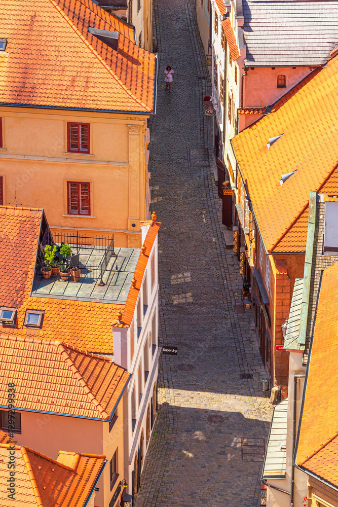 Summer cityscape - top view of the Radnicni (Town Hall) street in the historical center of Cesky Krumlov, Czech Republic