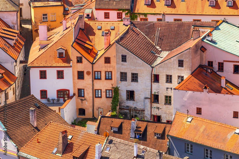 Summer cityscape - top view of the houses and streets in the historical center of Cesky Krumlov, Czech Republic