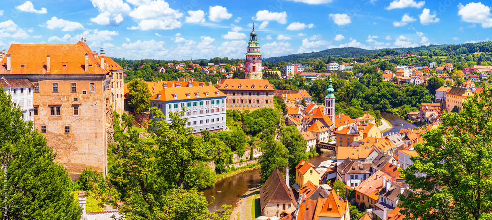 Summer cityscape, panorama, banner - top view from the castle gardens of the historic centre of Cesky Krumlov, Czech Republic