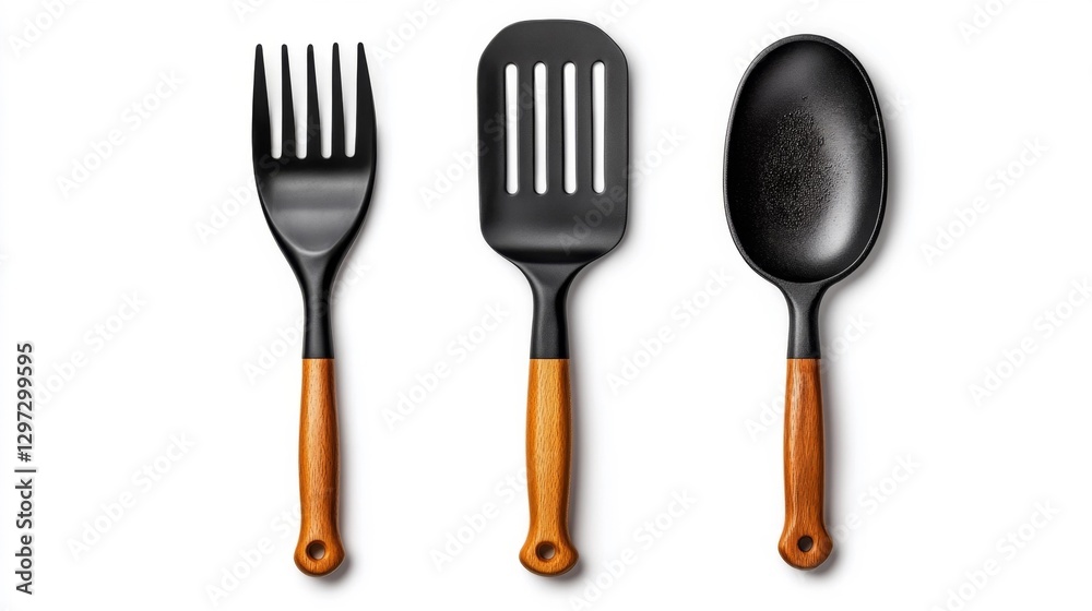 Fototapeta premium A set of black cooking utensils with wooden handles isolated on a white background. Generative AI