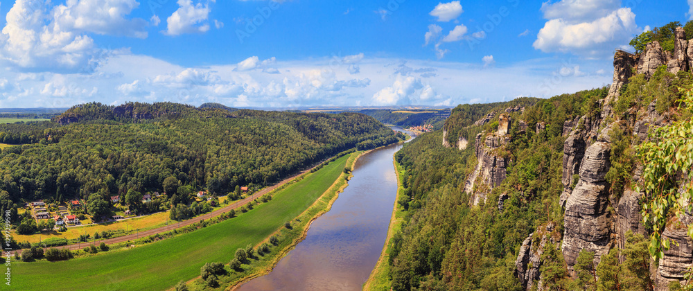 Beautiful landscape, panorama, banner - view of the Elbe valley near the village of Rathen in the Elbe Sandstone Mountains, in Saxony, Germany