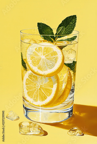 Refreshing glass of classic lemonade with lemon slices and mint on yellow. Summer drinks.