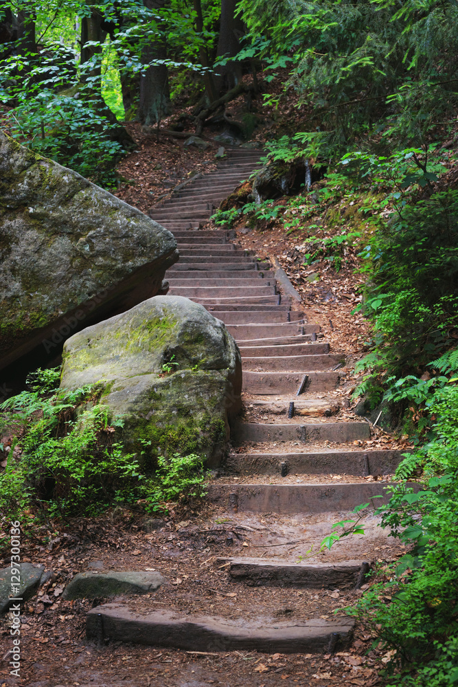 Natural landscape - view of stairs between rocks on a mountain path in Saxon Switzerland, Germany