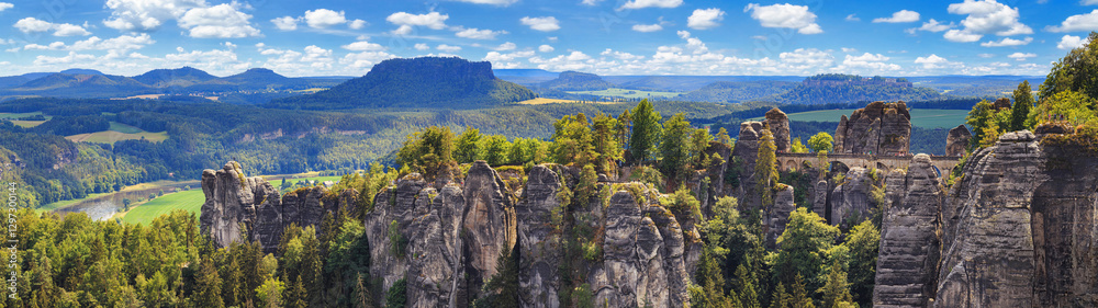 Beautiful landscape, panorama, banner - view of the Bastei rock formations with the Bastei Bridge in the Elbe Sandstone Mountains, Saxony, Germany