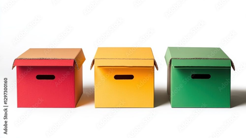 Moving boxes in vibrant colors arranged in a minimalistic studio setting Moving boxes in vibrant colors arranged in a minimalistic studio setting
