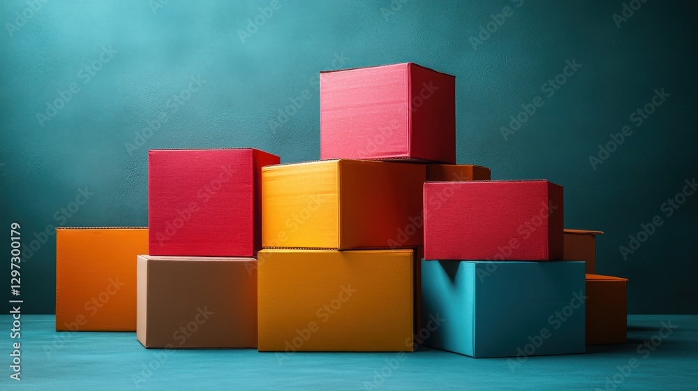 Moving boxes in a vibrant minimalistic studio setting with colorful accents Moving boxes in a vibrant minimalistic studio setting with colorful accents