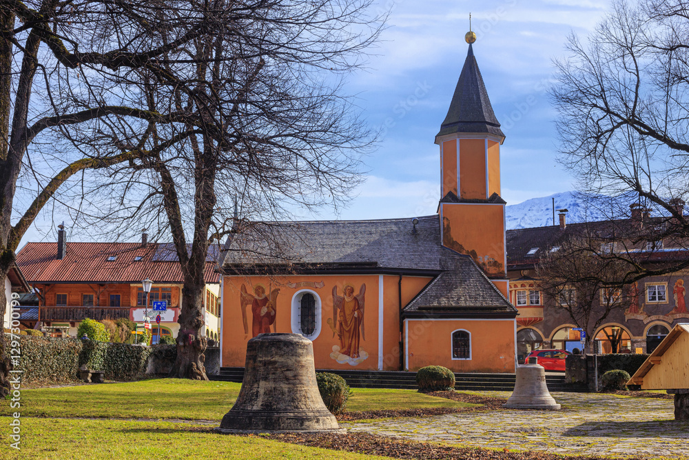 Cityscape - view of the Chapel of St. Sebastian in the alpine ski town of Garmisch-Partenkirchen, in Upper Bavaria, Germany