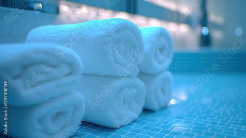 Rolled towels on a blue tiled bathroom counter photo