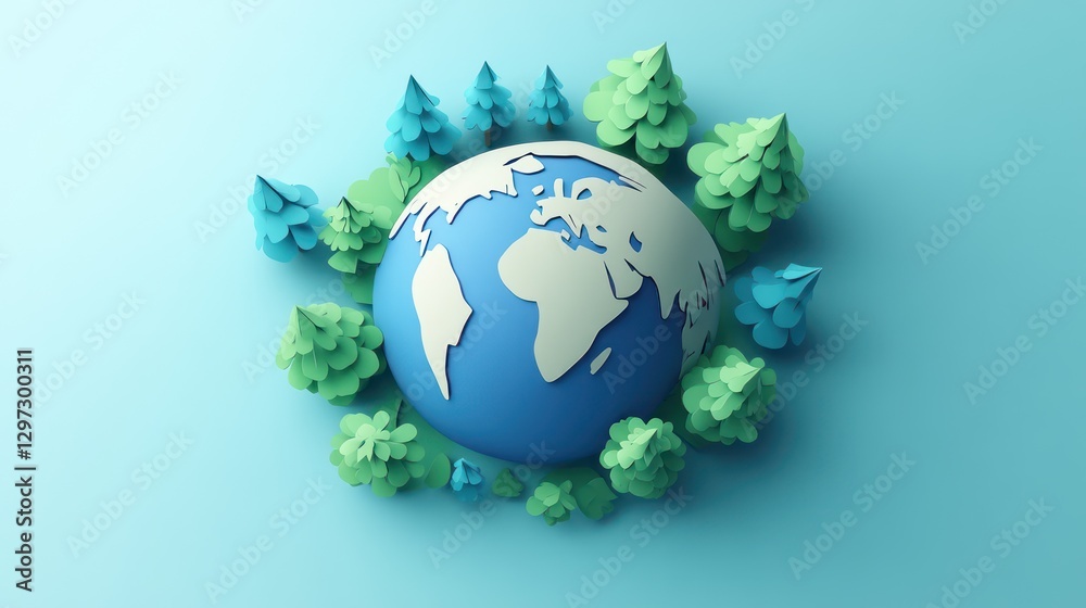 Earth surrounded by trees, 3D illustration, sustainable concept, environmental, nature protection