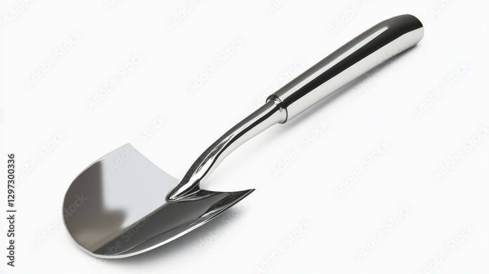 Sleek stainless steel garden trowel on a white background with soft shadows Sleek stainless steel garden trowel on a white background with soft shadows