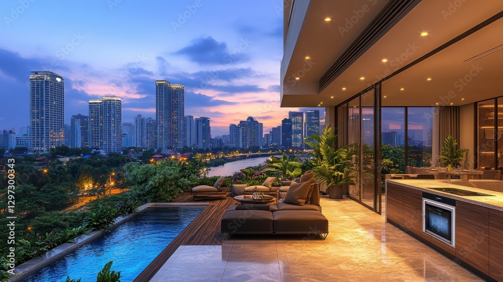 Obraz premium Rooftop pool deck with city view at sunset