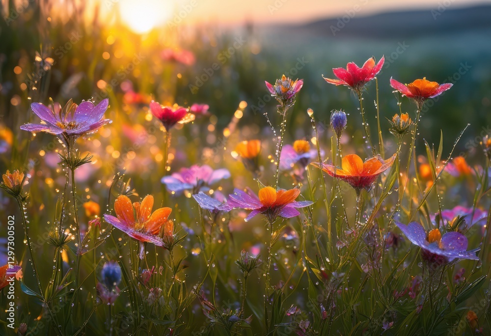 Obraz premium dew kissed wildflowers dawn captured stunning close showcasing vibrant colors intricate details beauty, bloom, blossom, petal, garden, greenery, nature