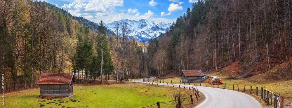 Rural landscape, panorama, banner - view of the countryside near in the alpine ski town of Garmisch-Partenkirchen, in Upper Bavaria, Germany