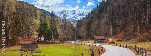 Obraz na płótnie Rural landscape, panorama, banner - view of the countryside near in the alpine ski town of Garmisch-Partenkirchen, in Upper Bavaria, Germany w salonie