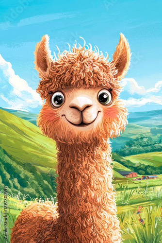 Cartoon adorable alpaca with fluffy cheeks under clear blue sky enjoying sunny day in countryside