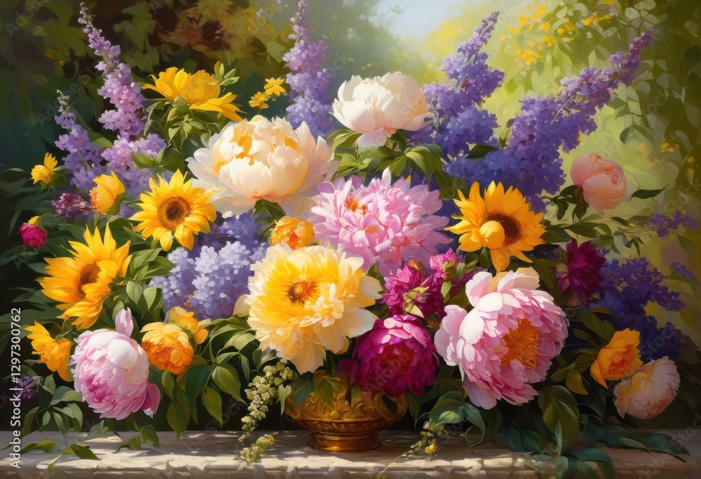 Obraz premium stunning vibrant floral arrangements showcased natural daylight settings lush greenery bright colors, bloom, bouquet, blossom, beauty, charm, centerpiece, decoration