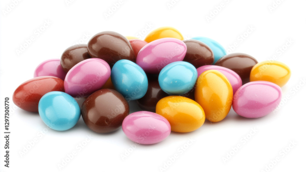Pile of colorful candy-coated chocolate almonds on a white background Pile of colorful candy-coated chocolate almonds on a white background