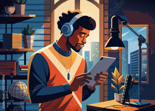 man holding tablet in hands and listening to music on headphones