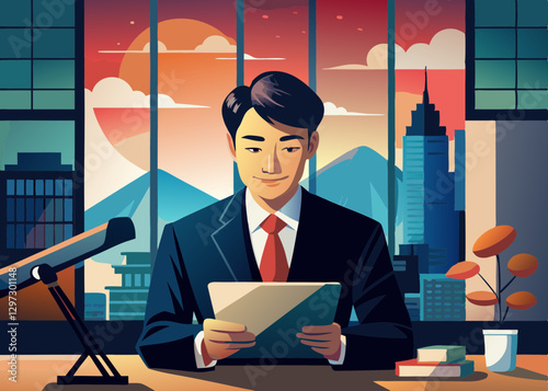 A diplomat reads a document in an office
