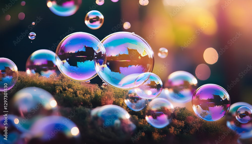 Naklejka premium 朝に飛び立つシャボン玉、虹、カラフル、反射、透明、森、イラスト