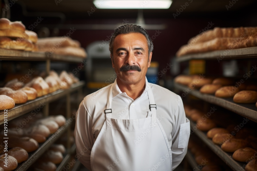 Portrait of a middle aged Hispanic worker in bakery Portrait of a middle aged Hispanic worker in bakery