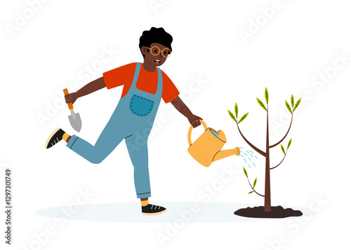 Young person watering a newly planted tree in a playful garden setting during a sunny day