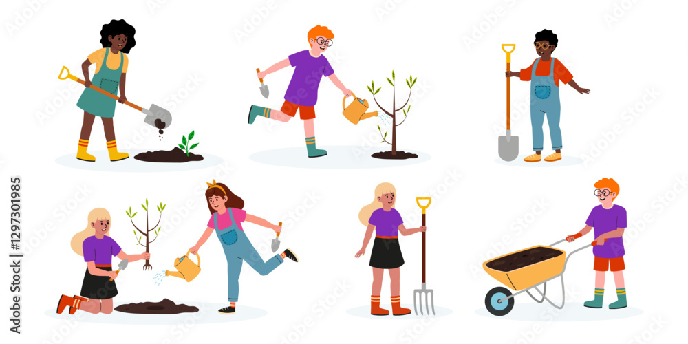 Fototapeta premium Children engage in gardening activities while planting trees in a community green space