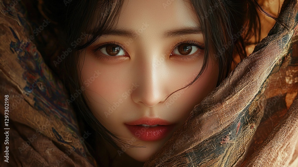 Close-up portrait of a young woman with brown eyes, partially hidden behind a textured fabric. Close-up portrait of a young woman with brown eyes, partially hidden behind a textured fabric.