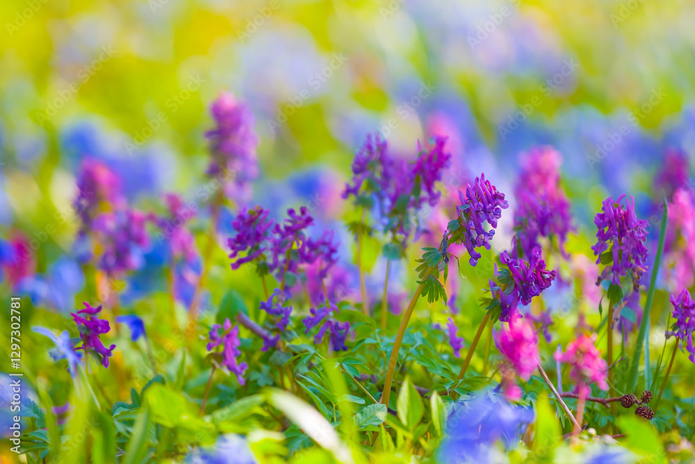 Obraz premium closeup heap of wild spring flowers in a forest, beautiful natural spring flower background