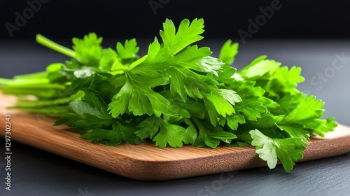 Fresh cilantro and parsley bunch on a wooden board for garnishing dishes. Generative AI photo