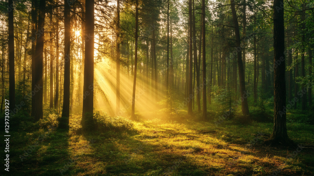 Fototapeta premium rays of sunshine passing through the branches of trees in the forest
