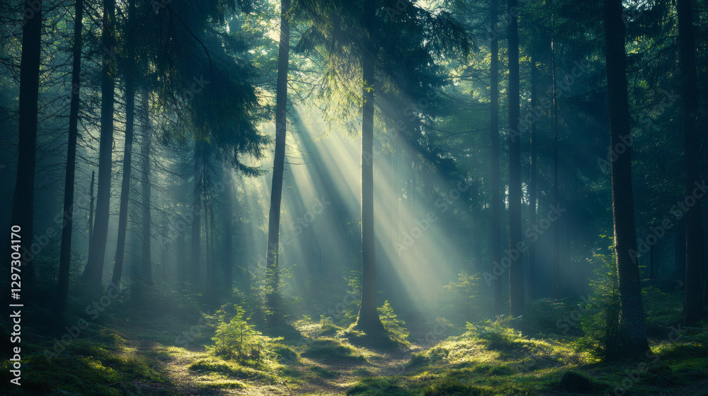 Obraz premium rays of sunshine passing through the branches of trees in the forest