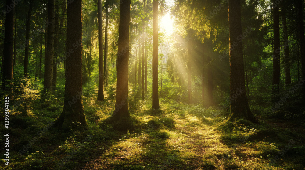Fototapeta premium rays of sunshine passing through the branches of trees in the forest
