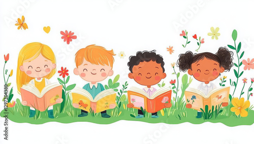 International Day of Education, diverse group of happy children reading books together in a meadow, outdoor learning in nature, cheerful kids enjoying education, knowledge, and friendship
